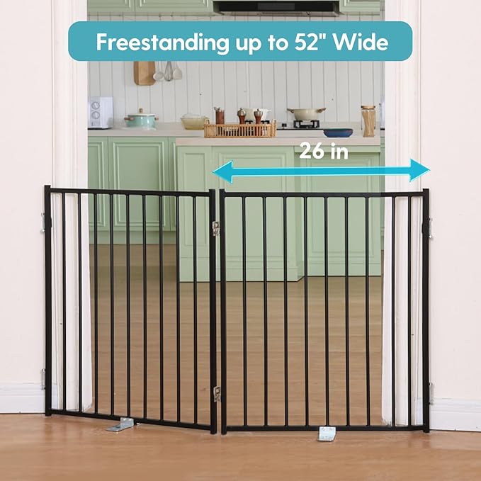 No Pawblems Free Standing Dog Gate with Door, 30'' Tall Foldable Dog Fence for Indoor & Outdoor, Up to 52 Inch Extra Wide Puppy Gate for Stairs, Hallways, Doorways, Deck, Yard (Black, 2 Panels)