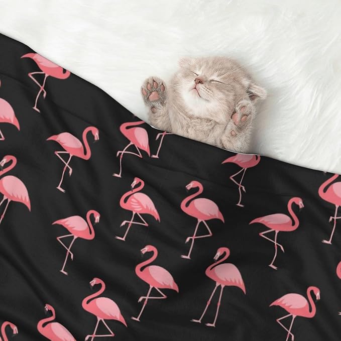Two Sided Plush Pet Blanket for Crates Carriers Home Use, Pink Flamingo, Reversible Throw with Cozy Dot Fabric and Silky Reverse for Small Large Pets
