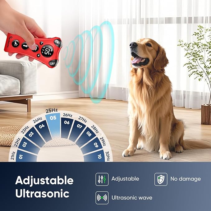 Ultrasonic Dog Bark Deterrent Device –10-Level Adjustable Anti Barking Trainer with Flashlight, Strobe, E-Clicker(18 Whistle Sounds)–No Shock, Collar-Free Dog Behavior Correction Devices
