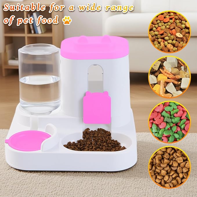Gravity Cat Feeder and Water Dispenser, 2 in 1 Automatic Cat Feeder, 2 Pack Large Capacity Self Feeding for Small Medium Dog Puppy Kitten （Pink）