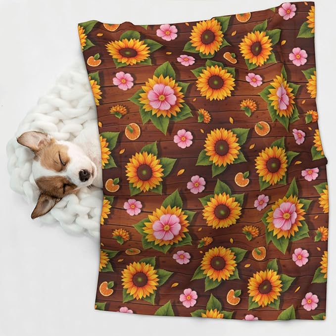Double Sided Pet Bed Blanket for Added Cushion Warmth, Western Wood Rustic Sunflowers, Reversible Cover with Textured Dot Surface for Existing Beds Standalone Mat