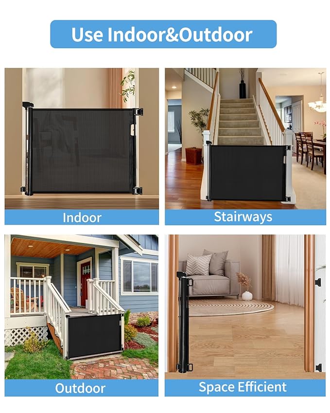 (2 Pack) Retractable Baby Gate for Doorways and Stairs, Mesh Safety Gate for Pet, Indoor & Outdoor Use, One-Hand Operation, Easy Installation, 33.6" Tall, Expands to 55" Wide（Black,33.6"x55"