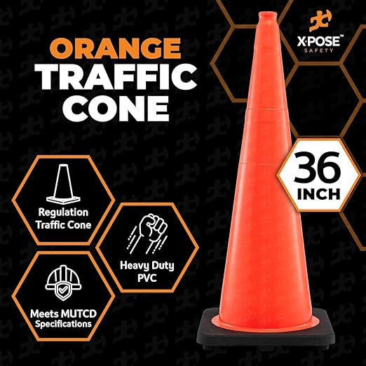 Xpose Safety 36 Inch Orange Traffic Cones Heavy Duty 12lb, 48-Pack - Multipurpose PVC Plastic Safety Cone for Parking, Soccer, Caution, Kids and Construction - DOT Approved