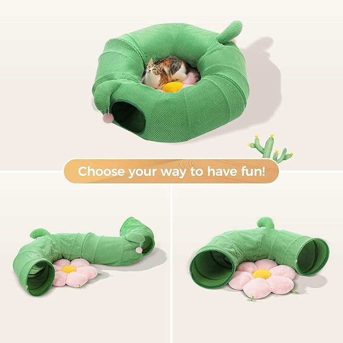 PEQULTI Cat Tunnel with Bed for Indoor Cats, Cat Play Donut Tunnel with Washable Soft Plush Flower Mat, Round Tube Toys Cute Tube for Kittens, Puppies, Rabbits and Ferrets, Green&Pink