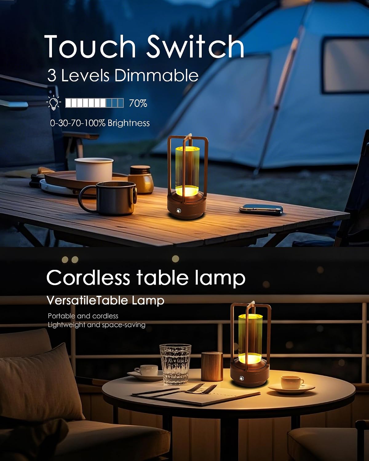 Set of 2 Cordless Table Lamps Rechargeable Desk Lamps Brown