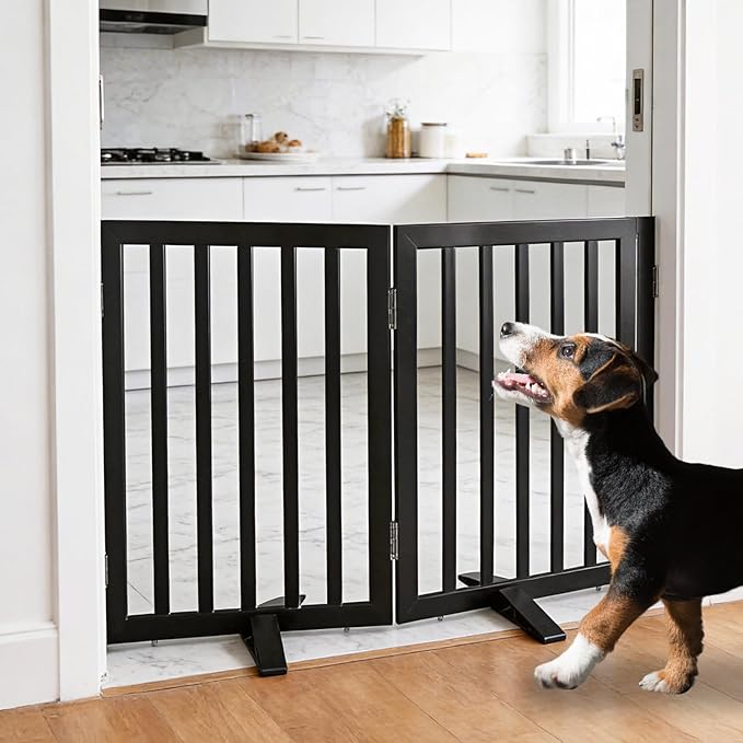 ZJSF Freestanding Indoor Dog Gate for House Foldable Wood Puppy Gate for Doorways Pet Gate for Stairs Extra Wide Pet Fence, Black, 24" Height 2 Panels