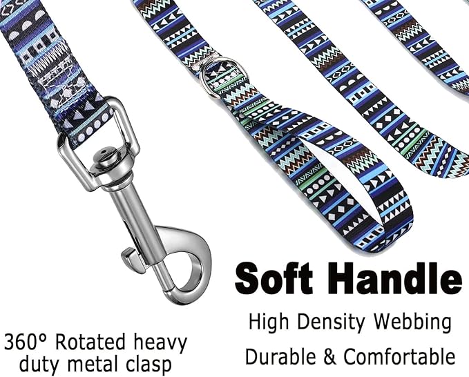 Dog Collar and Leash Set with Bohemia Floral Tribal Geometric Patterns - Soft Ethnic Style Collar Adjustable for Small Medium Large Dogs(Bohemian Blue Set,XS)