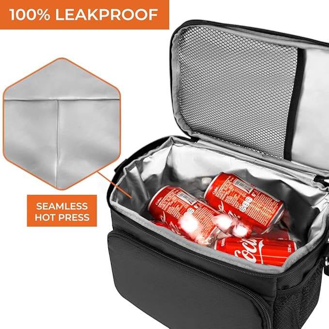 opux Insulated Lunch Bag for Men Women, Soft Lunch Box for Office Work School Picnic, Leakproof Lunch Cooler Bag with Shoulder Strap for Kid Adult Boy Girl, Medium Lunchbox Lunch Tote (Black)