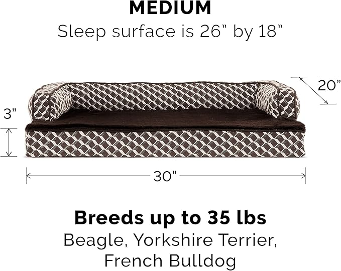 Furhaven Memory Foam Dog Bed for Medium/Small Dogs w/ Removable Bolsters & Washable Cover, For Dogs Up to 35 lbs - Plush & Woven Decor Comfy Couch Sofa - Diamond Brown, Medium