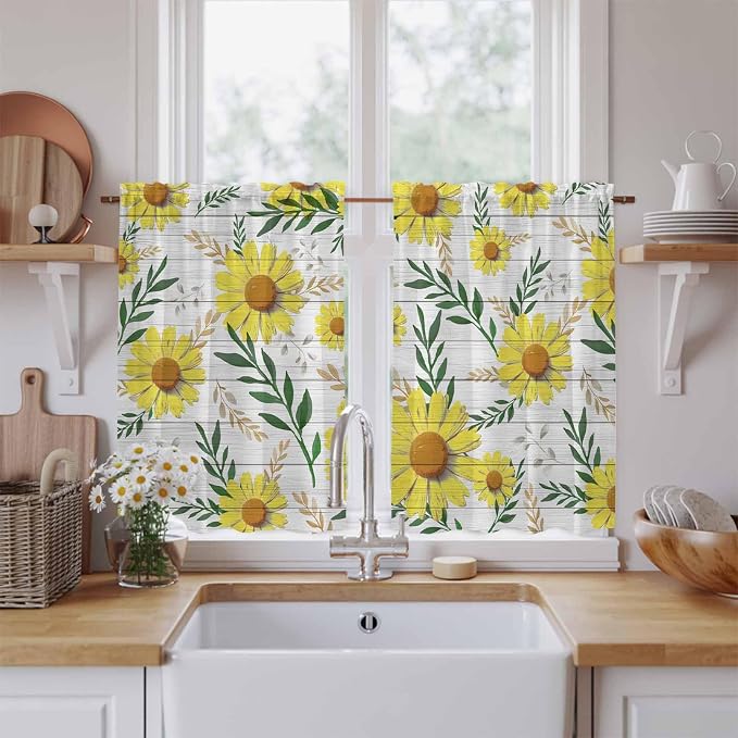 Yellow Daisy Tier Curtains, Farmhouse Country Flower Leaf Plant Wood Grain
