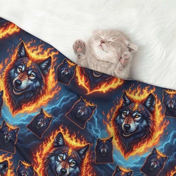Pet Blanket for Couches and Beds, Wolf with Flame, Reversible Double Sided Plush Design with Soft Bumpy Texture and Smooth Surface, Furniture Protector