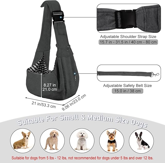 PETLOFT Reversible Dog Cat Sling Carrier, Small Carrier, Adjustable Sling, Hands Free Cross Body Carrier with Collar Hook for Dog/Cat/Bunny up to 11lb (Dark Grey)