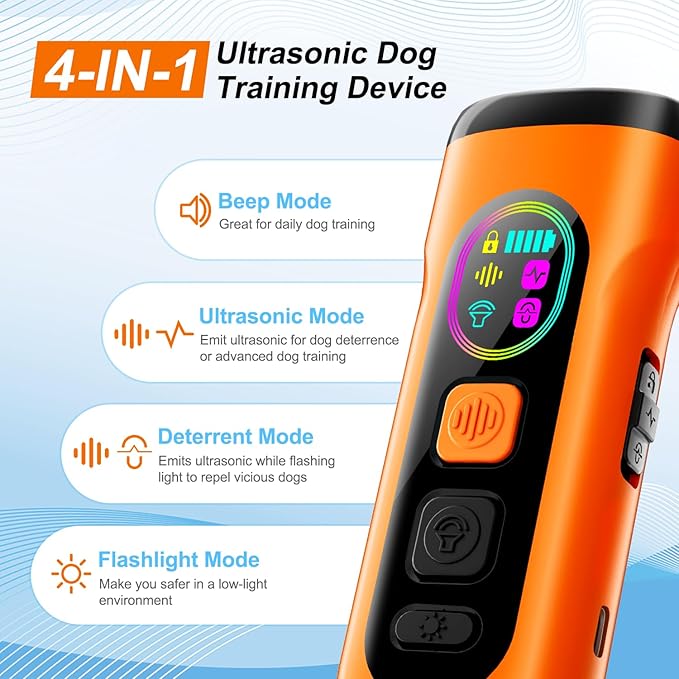 Dog Bark Deterrent Devices Anti Barking Device for Dogs Ultrasonic Bark Stopper Portable Dog Training Tool Indoor Outdoor Up to 50ft Correct Bad Behavior of Own or Neighbor's Dog (Orange)