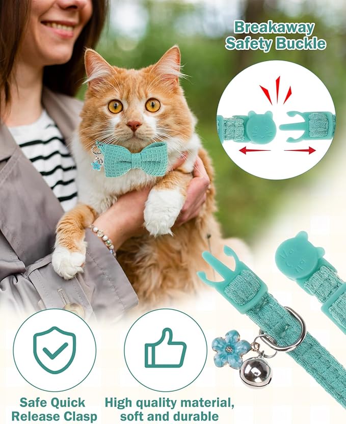 Cat Collar Breakaway with Bells, Soft Cotton Cat Bowtie Collar for Girl Boy Cats, Small Cats Collar with Bow for Spring Summer, 2 Pack Cute Kitten Collars with Removable Bowtie 8-12Inch