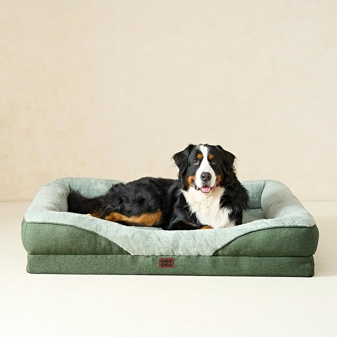 EHEYCIGA Orthopedic Dog Bed for Large Sized Dog, 36x27x7 Inch Large Memory Foam Dog Couch Bed with Sides, Waterproof Liner & Washable Removable Cover, Bolster Pet Sofa, Green