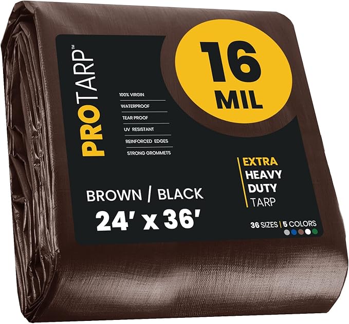 PROTARP Extra Heavy Duty 16 Mil Tarp Cover, Waterproof, UV Resistant, Rip and Tear Proof, Poly Tarpaulin with Reinforced Edges for Roof, Camping, Patio, Pool, Boat. (Brown/Black 24′ X 36′)