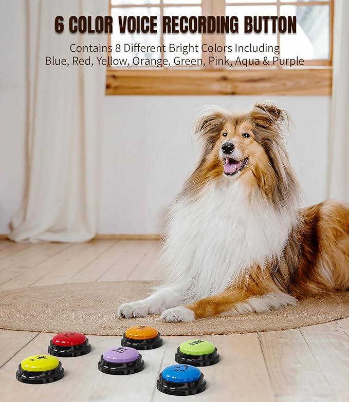 6 Pcs Dog Buttons for Communication Pet Training Buzzer, 30 Second Voice Recording Button, Dog Talking Button Set with 6 Color Anti-Slip Mat and 48 Scene Stickers