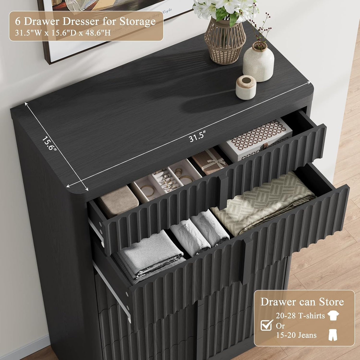 Fluted Dresser for Bedroom, 48" Tall 6 Drawer Dresser, Modern Chest of Drawers with Solid Wood Handle, Curved Profile Design, Wood Dressers Storage Organizer, Living Room, Hallway, Black