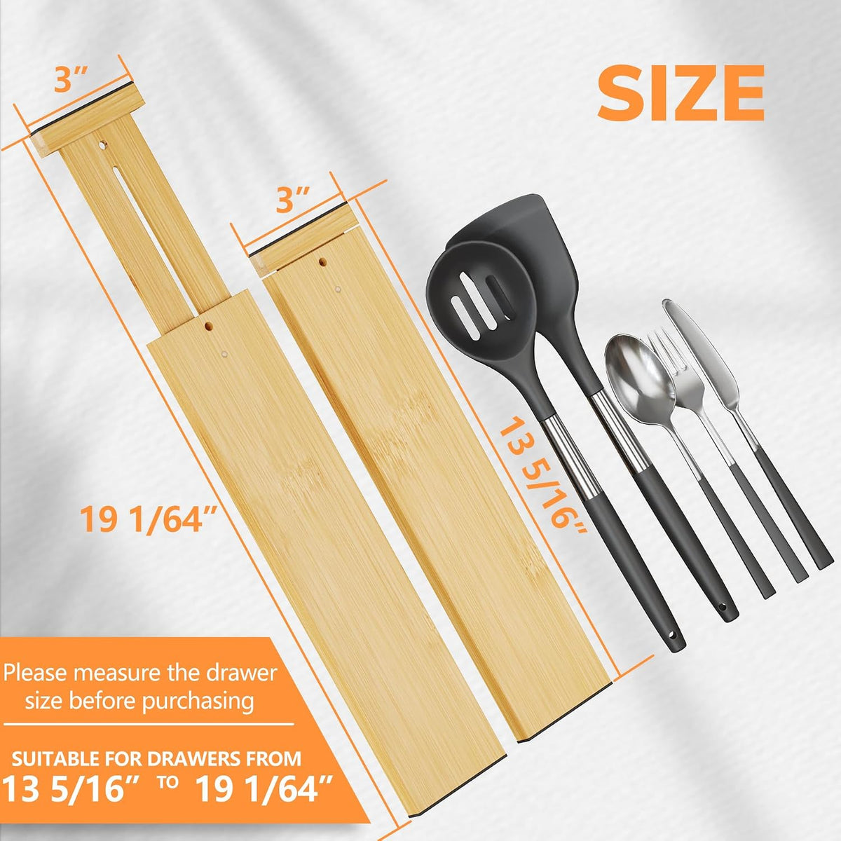 BAMEOS Bamboo Expandable Drawer Dividers – Fits 13.3"–19" Drawers, 3" Deep Walls, Set of 4 | Spring-Loaded Separator for Deep Kitchen & Bathroom Drawers, Prevents Items Falling Over