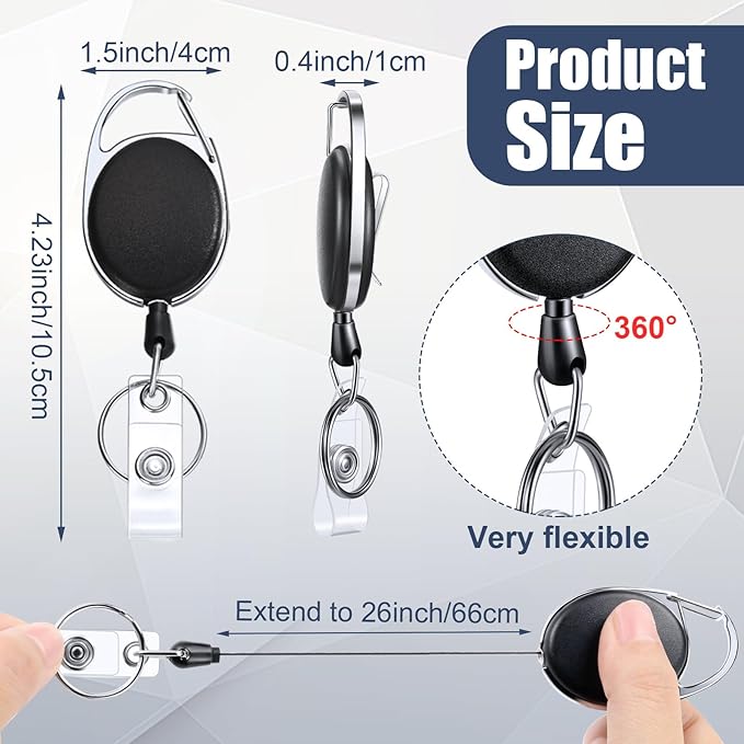 Laumoi Retractable ID Badge Holder Badge Reel with Belt Clip and Key Ring, Name ID Badge Clips Keychain for Office Worker Doctor Nurse Employee (Black,250)