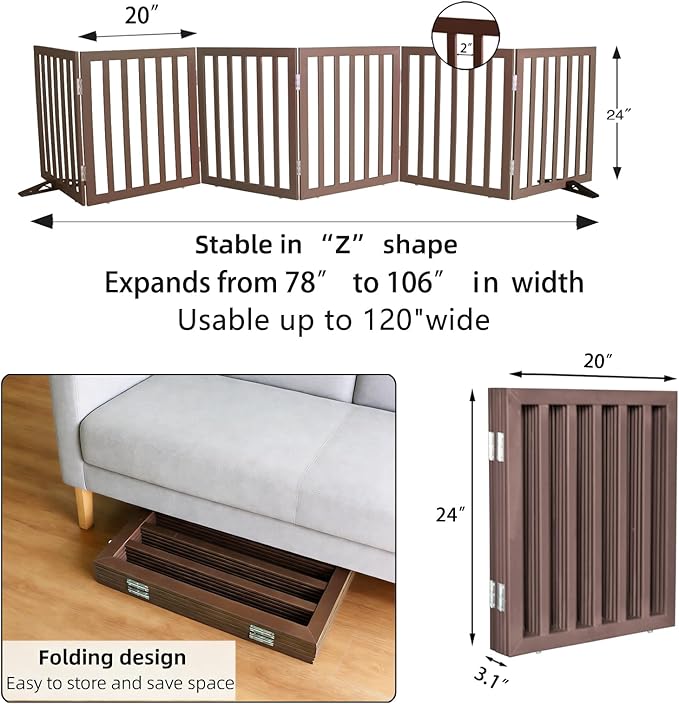 ZJSF Freestanding Indoor Dog Gate for House Foldable Wood Puppy Gate for Doorways Pet Gate for Stairs Extra Wide Pet Fence, Brown, 24" Height 6 Panels