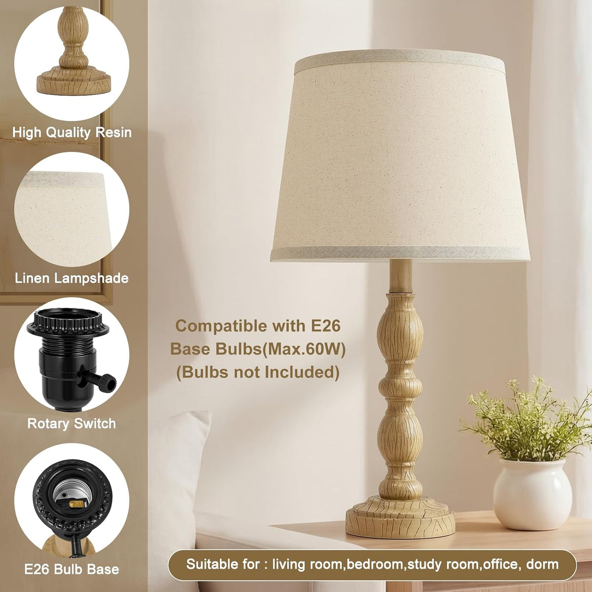 Table Lamps Set of 2, 20.5" Rustic Farmhouse Bedside Lamps with Linen Shade