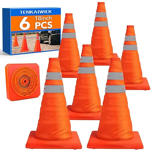 [6 Pack]18 Inch Collapsible Traffic Safety Cones - Parking Cones with Reflective Collars, Orange Safety Cones for Parking lot, Driveway, Driving Training etc