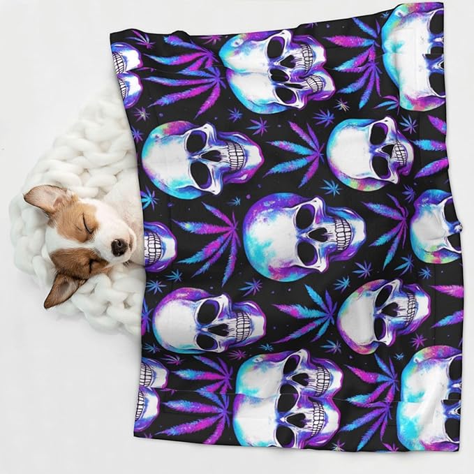 Reversible Plush Pet Blanket for Puppies Kittens, Blue Weedleaf Trippy Skull Crossbones Black, Double Sided Gentle Dot Texture for New Pets Adjusting to Home Environment Softly