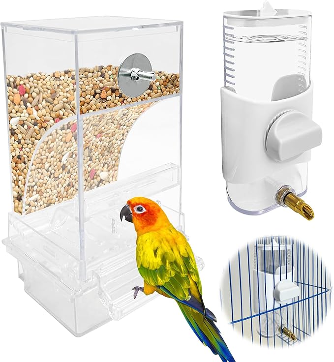 PINVNBY No Mess Bird Feeder & Water Dispenser Set Automatic Parrot Feeder Transparent Food Container Drinker Parakeet Cage Accessories for Cockatiel Budgie Lovebird Finch (White)