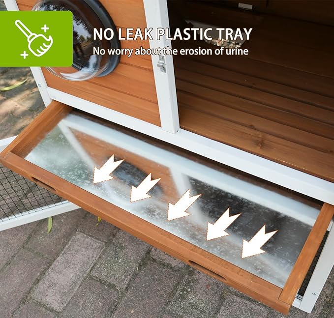 Wooden Rabbit Hutch with Matching PVC Material, Protected from Wind, rain and Snow, Rabbit House with ramped Stairs, Lockable Door, Ball Windows and Breathable mesh Door with Removable Tray.（84965）