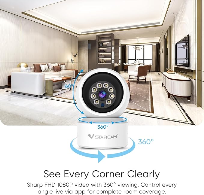VSTARCAM WiFi Camera Indoor Wireless, 1080P with 5X Zomm, 360° Pan-Tilt, Color Night Vision, Motion Detection, Real-time Alerts, 2-Way Audio, Works with Alexa, Cloud & SD Card Storage(up to 256GB)