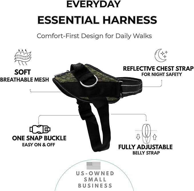 ShawnCo Essential Dog Harness, No-Pull Pet Vest with 3 Leash Clips, No Choke, Reflective, Adjustable and Padded, for Easy Walking and Training for Small, Medium and Large Dogs (Military Camo, XS)