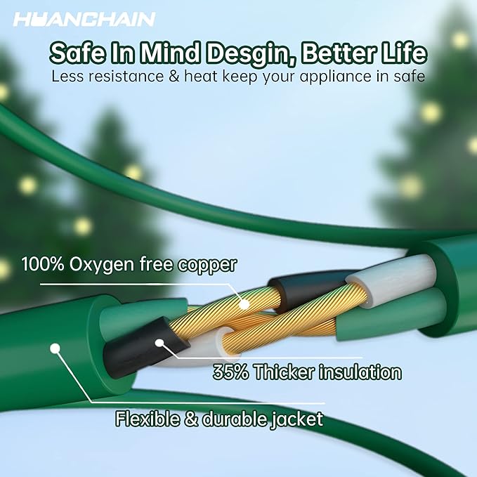 HUANCHAIN Indoor Outdoor Green Extension Cord 100 ft Waterproof, 16/3 Gauge Flexible Cold-Resistant Appliance Extension Cord Outside, 10A 1250W 16AWG SJTW, 3 Prong Electric Cable, ETL