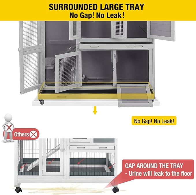 Aivituvin Two Story Rabbit Hutch Bunny Cage with Wheels, Indoor Outdoor Guinea Pig Cage with 2 Deep No Leak Tray