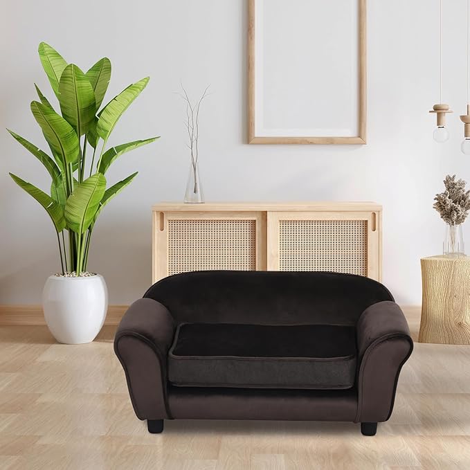 Getifun Small Dog Sofa Bed, Velvet Cat Couch with Washable Cushion & Plastic Legs (29 x 16 x 12.7 inches (Brown)