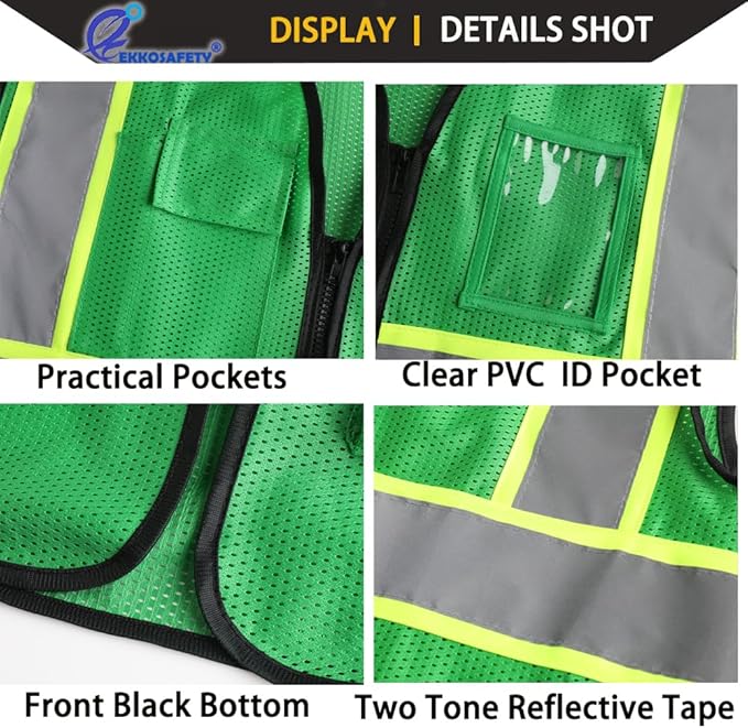Reflective Mesh Safety Vest for Men Women with 5 Pockets and Zipper Front High Visibility Mesh Vest Hi Vis Construction Work Vest,Meets ANSI/ISEA Standards(EK175-Green-XL)
