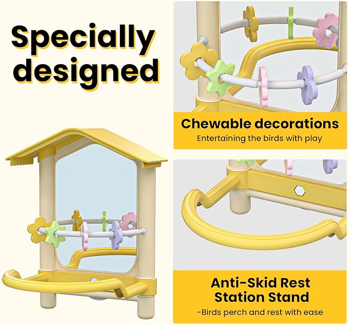 8.1 Inch Pet Bird Mirror with Perch Stand and Parakeet Chew Toys,Parrot Toys Bird Cage Decorative Accessory, Helps Birds Release Stress for Canaries Budgies Lovebirds Conures Cockatiels (Pink)