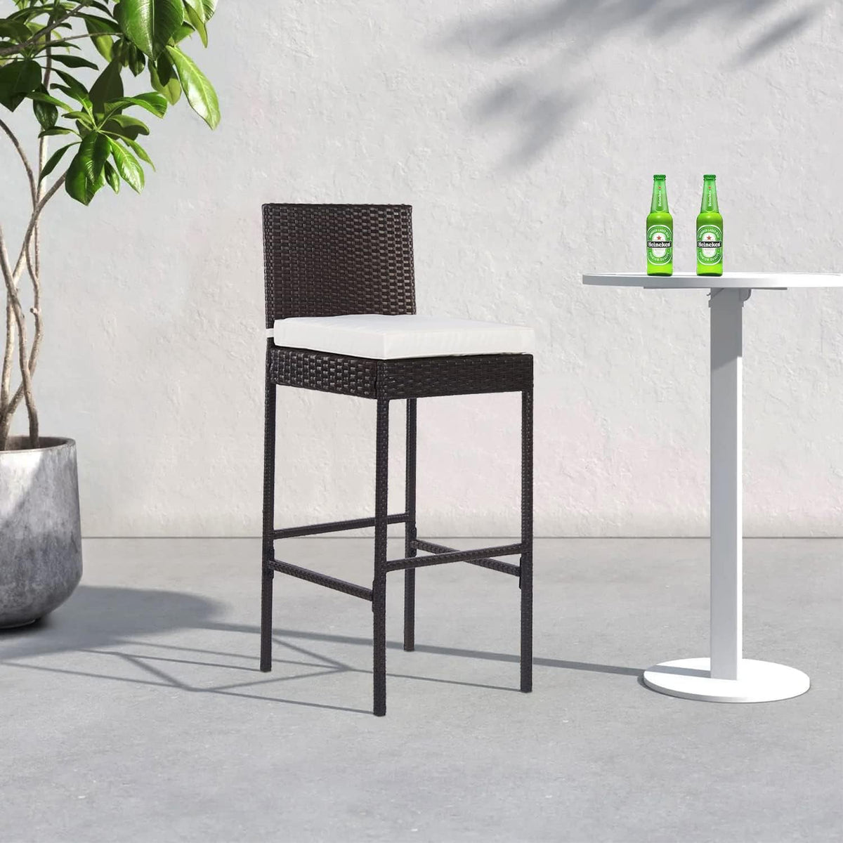 PayLessHere Outdoor Bar Stools Rattan Bar Chairs Set of 2 Wicker Bar stools Counter Height Patio Bar Chairs with Backrest Cushion Footrest for Patio Lawn Backyard, Brown
