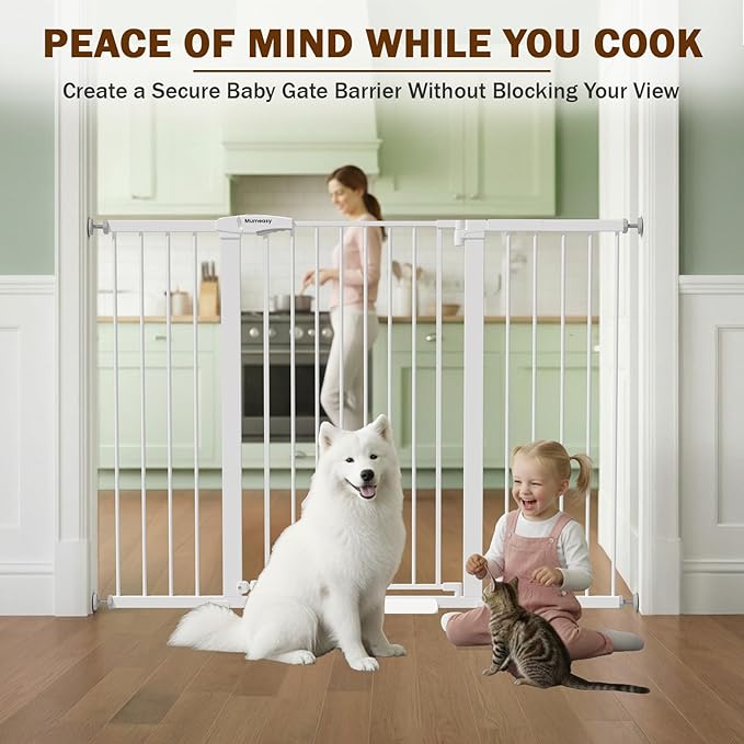 Mumeasy 36" Extra Tall Baby Gate for Doorways, 29.7"-57" Extra Wide Dog Gate for Stairs, Pressure Mounted Auto Close Pet Safety Gate with Easy Walk Thru Door, Large Indoor Child Gate for House, White