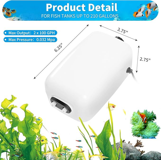 AQUANEAT Aquarium Air Pump for 20-210 Gallon Tank, Fish Air Bubbler, Hydroponic Oxygen Aerator with Stones, Airline Tubing, Check Valves