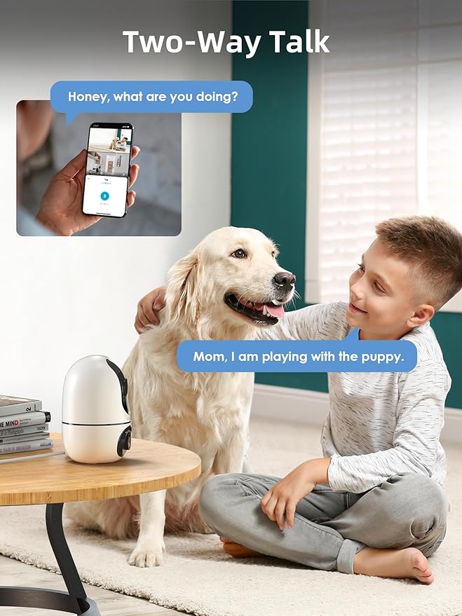 VIRTAVO Indoor Pet & Baby Camera, No Subscription Required, Dual-Lens 360° PTZ, Motion Tracking, 2-Way Audio, Night Vision, Cloud/SD Storage, Phone App, WiFi, 4-Pack, Power Adapter Included