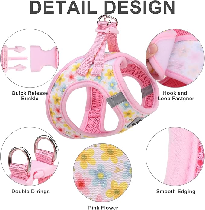 EXPAWLORER Small Dog Harness and Leash Set - Cute Puppy Harness Leash Dog Collar with AirTag Holder Silicone Case, Soft Padded Step in Pet Vest Reflective for Outdoor Walking, Floral S