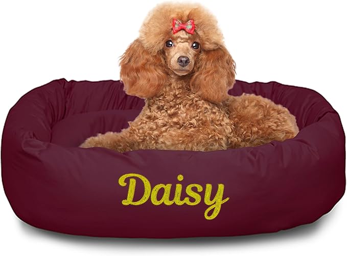 Majestic Pet Personalized 32 Inch Bagel Calming Dog Bed - Washable, Cozy Soft Round With Spine Support - Fluffy Donut 32x23x7 Inch Medium for Dogs to Rest Their Head - Burgundy