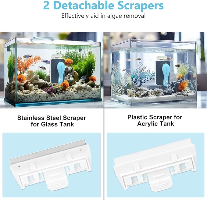 fishkeeper Aquarium Magnetic Glass Cleaner, Fish Tank Algae Magnet Cleaning Tool with Algae Scraper for Glass Aquariums Tank, Floating Scrubber Brush, 2 Detachable Scrapers, Small