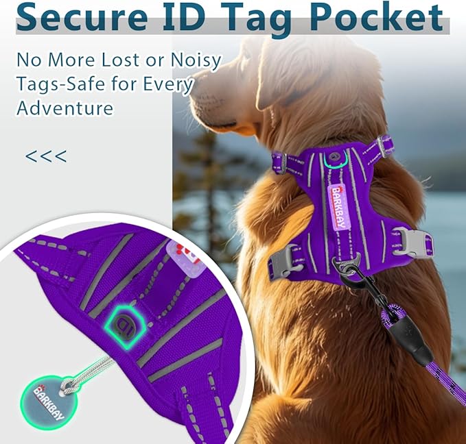 BARKBAY Dog Harness No Pull Oxford with ID Tag Pocket - Heavy Duty, Reflective, Easy Control for Large Dogs(Purple Oxford,XL)