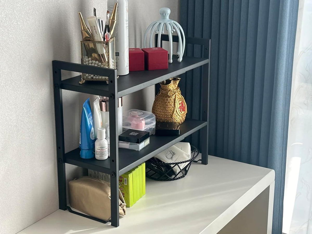 2 Tier Expandable Shelf 7.9"D Adjustable Countertop Riser Metal Black