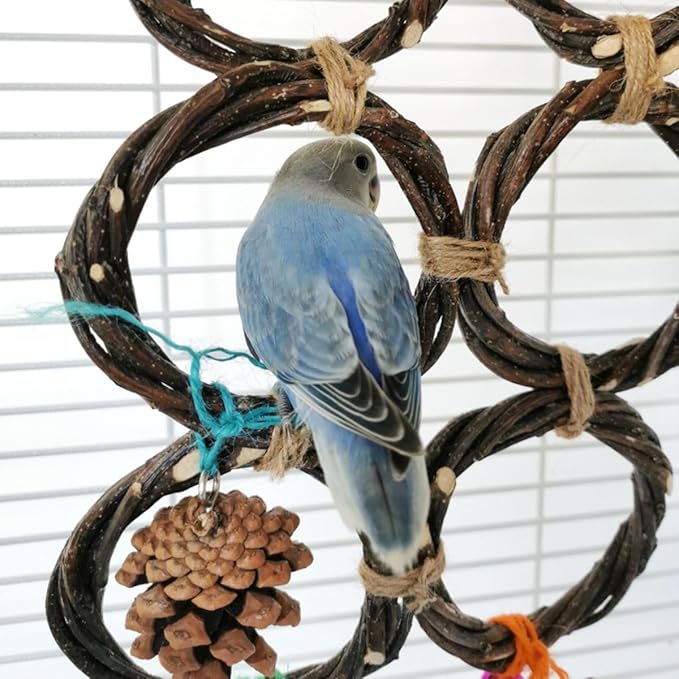 Circle Straw Bird Swing Stand Bird Perches Stand Hanging Chewing Toy for Parrots Bird Playground Cage Accessories Climbing Rope Net Ladders for Foraging Toys（Random Color） (5 Ring Double Row)