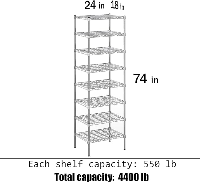 18" Deep x 24" Wide x 74" Height Wire Shelving Kit | 8-Tier | NSF Commercial Storage Rack Unit