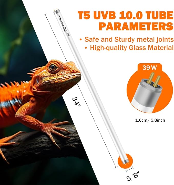 T5 10.0 UVB Reptile Light Bulb 39W, UVA UVB Light Bulb for Reptiles, 2 Pack Reptile UVB Lamp Tube 33 Inch, for Bearded Dragon, Lizards, Chameleons