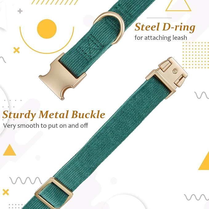 Soft Cotton Dog Collar with Metal Buckle Adjustable Heavy Duty Comfy Corduroy Collars for Small Medium Large Dogs,Dark Green,Medium